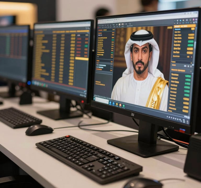 A close-up photograph of a professional trade floor environment in the Middle Eastern / Gulf region, featuring high-end workstation screens showing gold market data. The atmosphere is sophisticated and quiet, with a focus on polished surfaces and gold-toned light reflecting off professional equipment.
