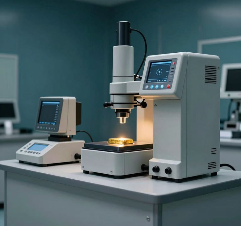 A clean and modern high-security facility room in the Middle Eastern / Gulf region, showcasing advanced technological equipment used for precious metal analysis. The color palette includes dark teal and light grey, with subtle gold lighting accents highlighting the precision and quality control standards.