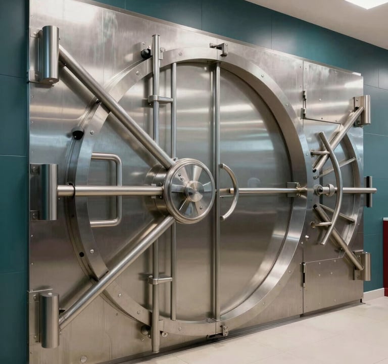 A professional and understated luxury shot of heavy, high-grade steel vaults and secure storage units within a Bahraini financial facility. The composition is focused on strength and security, with light grey and dark teal tones conveying a sense of unwavering trust and stability.