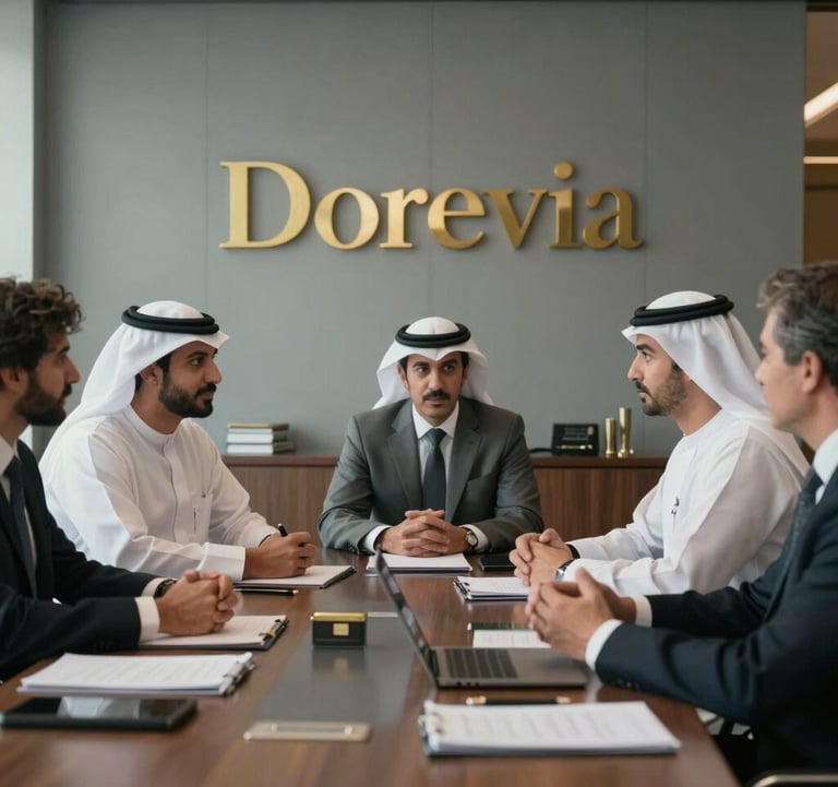 A professional setting showing a high-level business consultation in a Bahraini office. Muted tones of grey and gold dominate the scene, emphasizing the luxury and trust of the Dorevia brand.