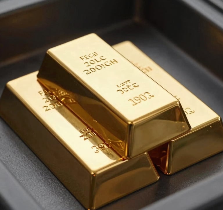 Close-up, detailed photography of certified 24-carat gold bars stacked neatly in a vault. The lighting highlights the lustrous gold surface against a professional, dark charcoal background, signifying wealth and security.