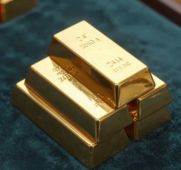 A close-up photograph of several stacked 24-karat gold bars stamped with quality marks, resting on a velvet dark teal surface. Warm lighting reflecting off the polished gold. Middle Eastern / Gulf luxury market style.