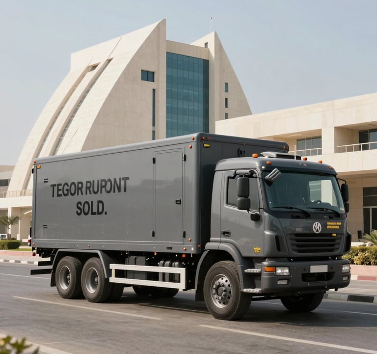 A photograph showing the logistics of gold trading; a heavy, reinforced security transport vehicle positioned outside a modern architectural landmark in Bahrain, representing safe and efficient regional distribution.