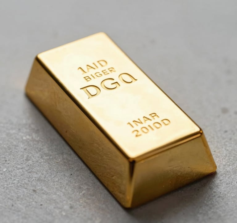 A close-up macro photograph of a 1kg gold bar with a clear hallmark, resting on a clean light grey stone surface. Soft, professional studio lighting emphasizes the purity and weight of the metal.
