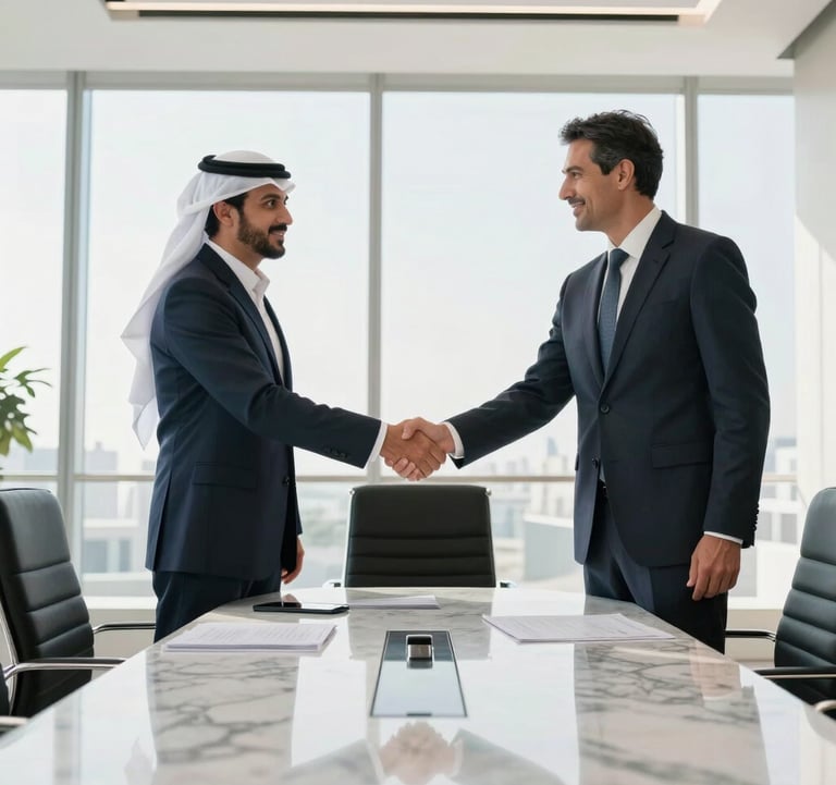 Two business professionals in formal attire shaking hands in a bright, sunlit boardroom in Bahrain. Wide composition showing a marble table and high-end decor. Middle Eastern / Gulf professional setting.
