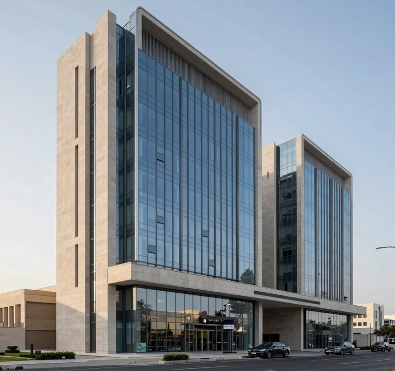 Exterior architectural photography of a modern commercial building in Hidd, Bahrain. Sleek glass and stone construction under a clear sky. Middle Eastern / Gulf architecture conveying stability and professionalism.