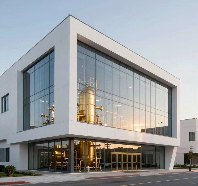 An architectural visualization of a modern gold refinery in the Middle Eastern / Gulf region. The building features clean white lines and large glass panels, reflecting a forward-looking and professional industrial presence.