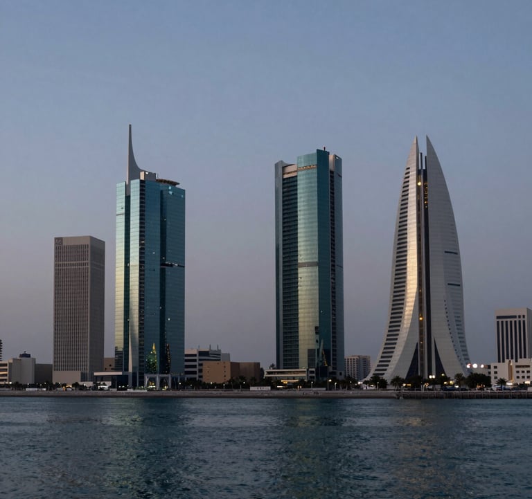 A photography of the modern Bahrain skyline at dusk, seen from across the water, representing the company's regional market presence and stability in the Middle Eastern / Gulf region.