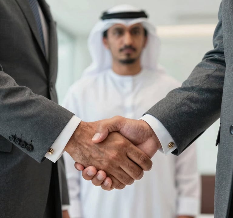 A close-up photograph of a professional handshake between two executives in a Middle Eastern / Gulf business setting. The scene is bright and professional, highlighting the texture of luxury grey suit fabrics and gold cufflinks, symbolizing a secure partnership.