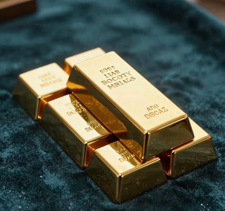 A photograph of gold bars arranged in a fan-like pattern on a deep teal velvet cloth. The lighting is focused and warm, emphasizing the metallic sheen and the company's focus on wholesale precious metals.