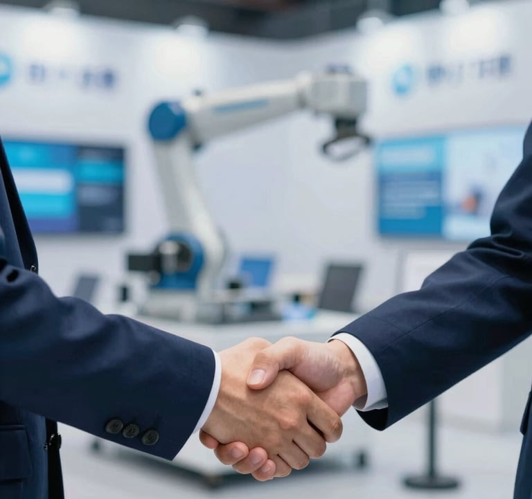 A close-up shot of two logistics professionals shaking hands in front of a modern exhibition booth. The background shows a blurry automated warehouse robot. Lighting is professional and cool-toned with #0077B6 accents.