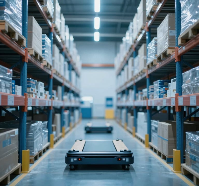 Vertical shot of a high-bay racking system inside a smart warehouse. Automated pallet shuttles are visible in action. Symmetrical composition, illuminated with cool blue LEDs (#0077B6). Futuristic and highly organized look.