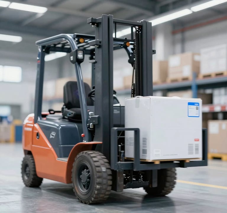 Modern electric forklift in motion within a brightly lit logistics terminal. Motion blur on the wheels, with the forks carrying a high-tech industrial package. Professional lighting using white (#F0F0F0) and blue (#0077B6).