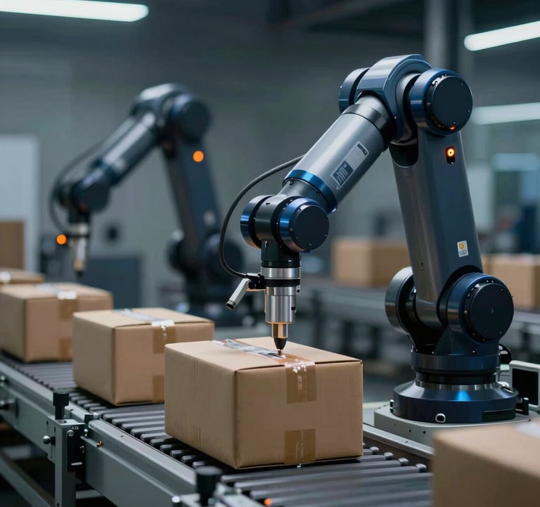 Detailed shot of an automated robotic arm sorting logistics parcels on a conveyor belt. Futuristic industrial design, matte black and blue metallic finishes, glowing orange sensors. Dark, high-contrast lighting.