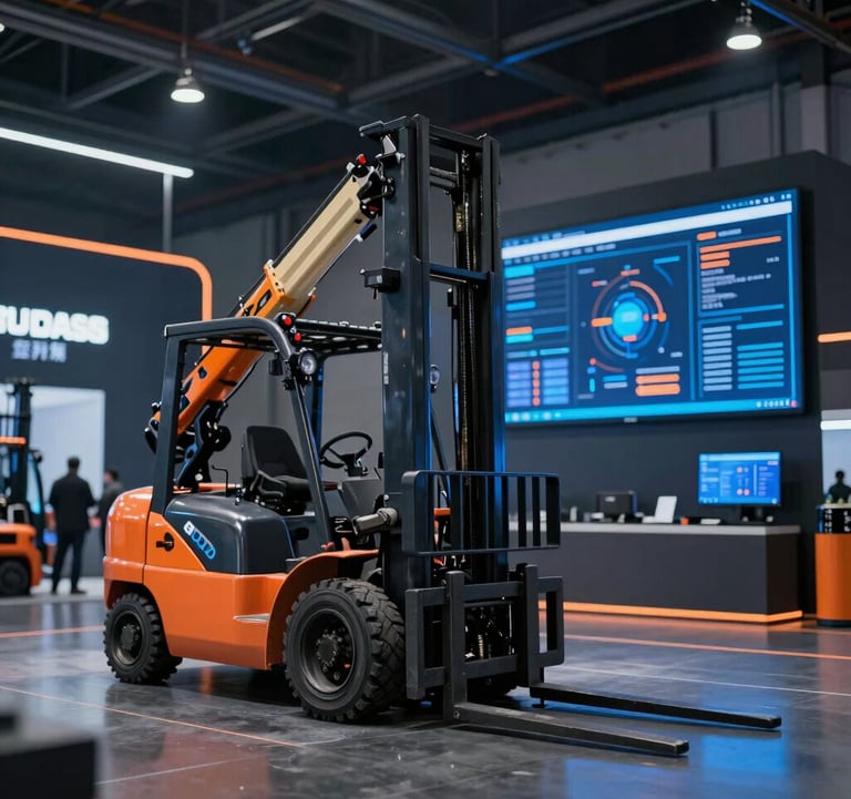 A wide shot of a modern industrial exhibition floor, showcasing high-reach forklifts and supply chain software screens. Dark aesthetic with vivid blue and orange light streaks reflecting the brand's futuristic mood.