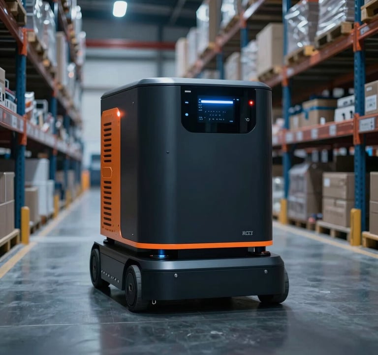 A sleek warehouse robot or automated guided vehicle (AGV) moving through a corridor of modern high-bay racking systems. Dark industrial aesthetic with sharp orange focus points and cool blue shadows.