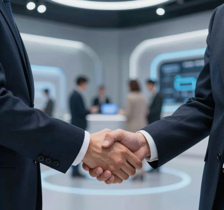 Close-up of two business professionals in suits shaking hands in a high-tech, futuristic exhibition hall. Soft blue atmospheric lighting and industrial grey backgrounds. Premium B2B networking atmosphere.