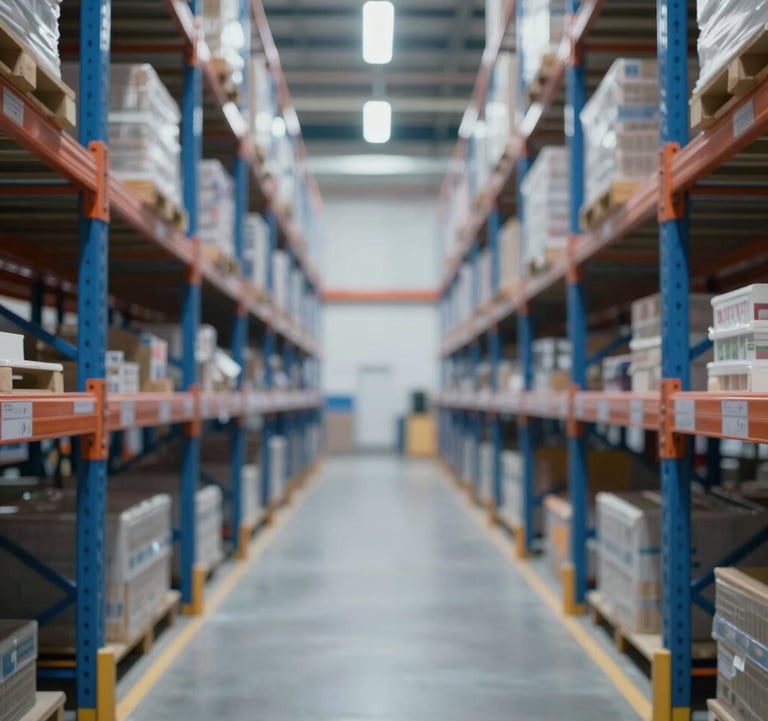 Extreme symmetry of industrial storage racks receding into the distance, blue metallic structure, high-contrast lighting, futuristic professional look.