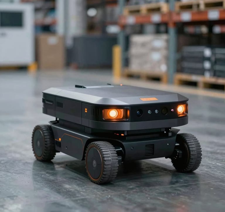 An autonomous mobile robot (AMR) navigating a warehouse floor. Dark aesthetic with sharp focus on the robot's orange sensor lights (#FF8E3C). Sophisticated industrial background with metallic textures.
