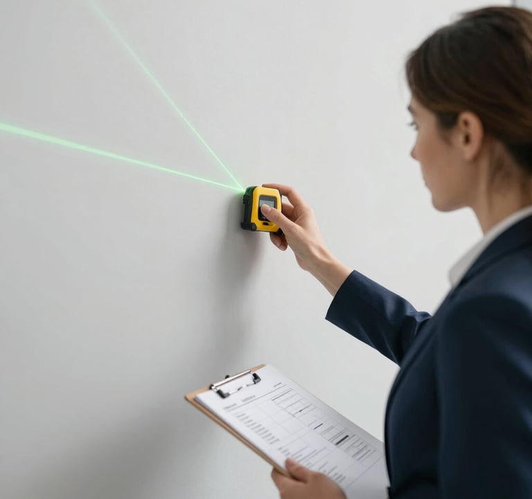 Professional woman uses a digital laser measure on an office wall while holding a clipboard for interior planning.