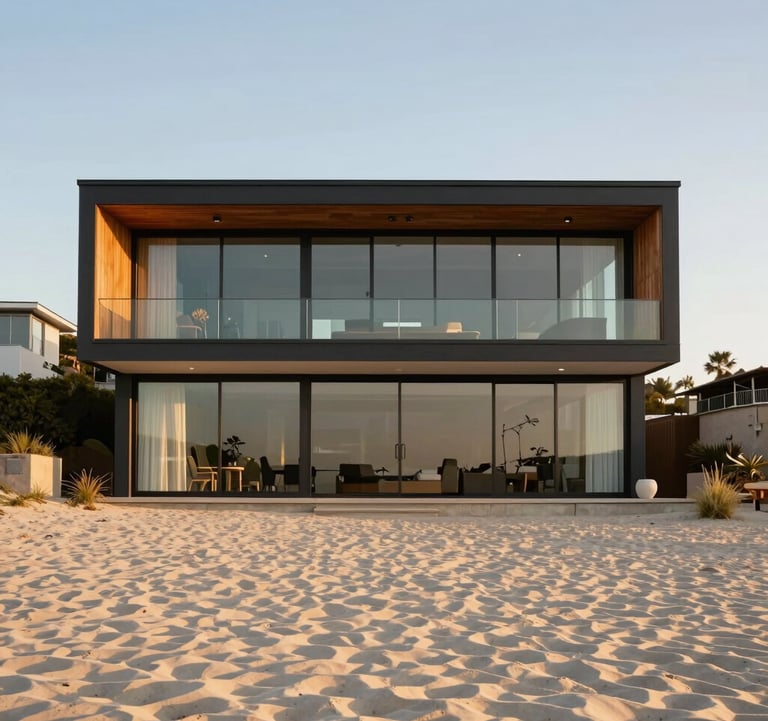 A modern glass-fronted beach house in Malibu during the golden hour, featuring off-white sand in the foreground and a charcoal modern frame.