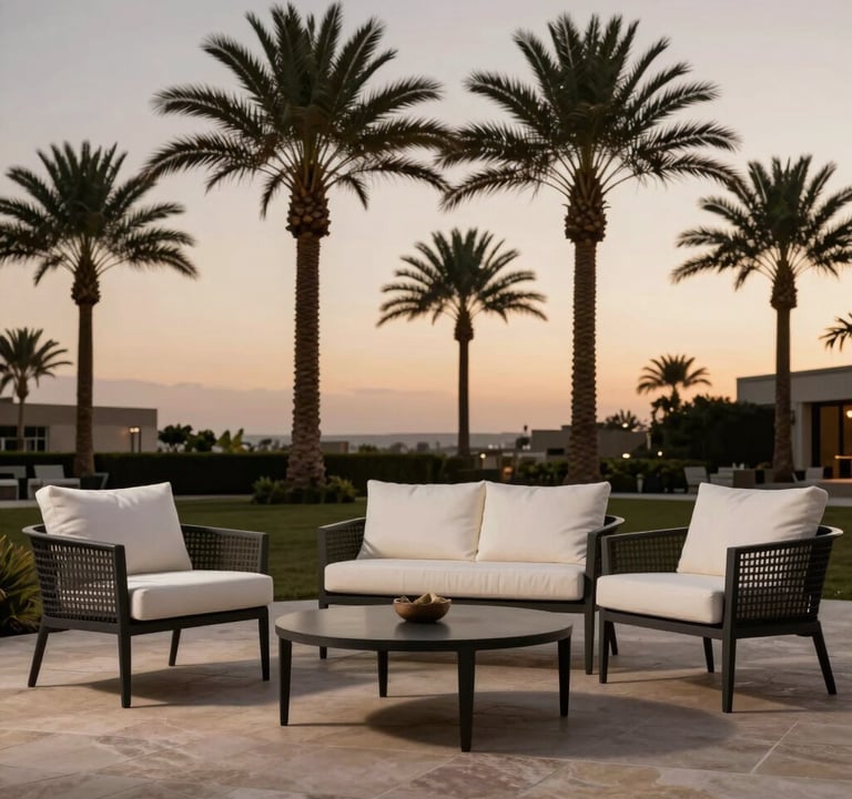 A sophisticated outdoor patio area featuring dark charcoal metal furniture with creamy white cushions. In the background, a row of tall palm trees is silhouetted against a soft champagne taupe and muted stone colored twilight sky.