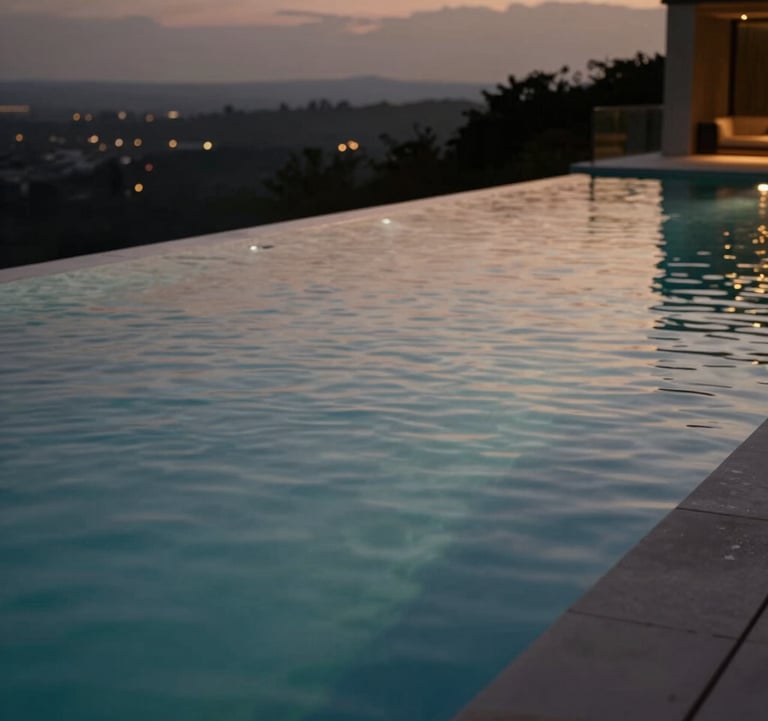 A close-up of a crystal-clear infinity pool at dusk. The water reflects the dark charcoal tones of the evening sky and the warm, champagne taupe glow of outdoor lighting. The composition is sleek and tranquil, emphasizing luxury outdoor living.