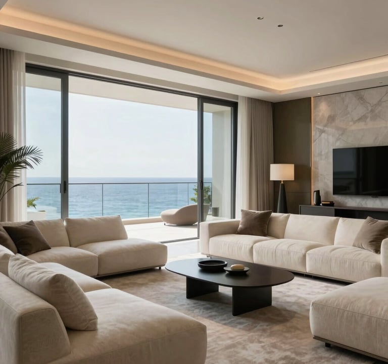 Interior shot of a luxury living room with floor-to-ceiling windows facing the ocean. The decor features Luminous Cream fabrics, Muted Olive Taupe accents, and sophisticated minimalist furniture.