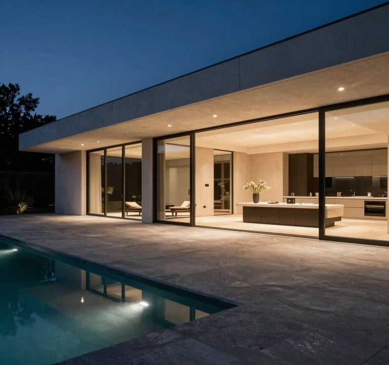 A modern minimalist mansion in Bel Air at night, with interior lights casting a warm champagne glow onto a sleek charcoal stone terrace and pool deck.