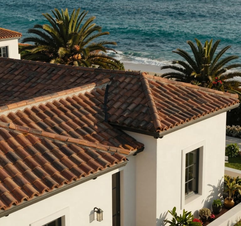 A Mediterranean-style luxury villa in La Jolla featuring muted bronze tiled roofs and off-white stucco walls, set against a backdrop of lush green palms and turquoise water.