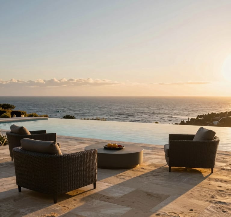 An infinity pool overlooking the Pacific Ocean at sunset, with Deep Charcoal outdoor furniture and Warm Sand stone tiling. The vibe is aspirational, exclusive, and peaceful.