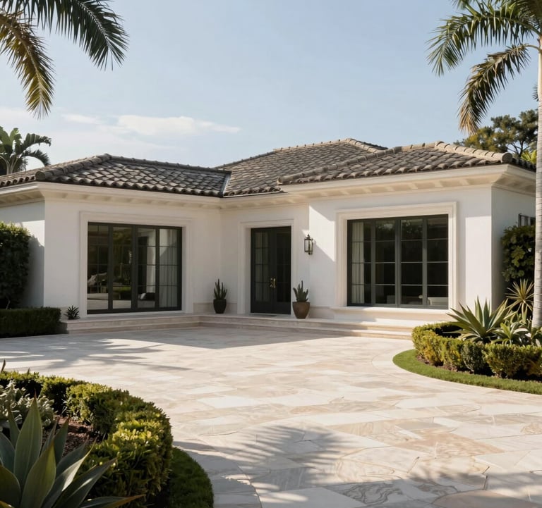 A luxury Beverly Hills estate driveway featuring manicured gardens in Muted Olive Taupe and a pristine white villa. The lighting is bright mid-afternoon sun, highlighting the sophisticated textures of the stone and glass.