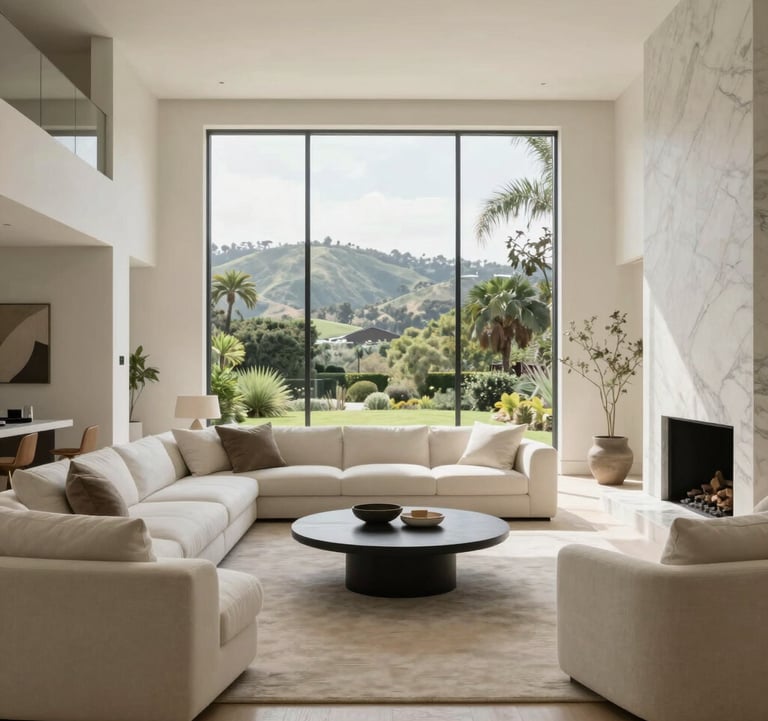 Interior shot of a minimalist luxury living room. The space is filled with creamy white furniture and muted stone accents. High-end architectural details include a marble fireplace and tall windows looking out over a lush green Southern California landscape.