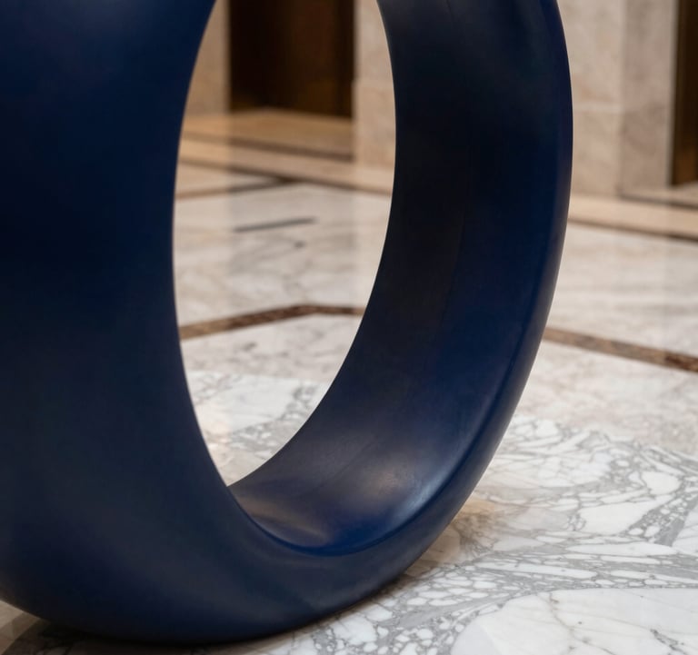A close-up of a high-end hotel lobby detail, featuring marble floors and a minimalist sculpture in navy blue. The style is modern and premium. Global / Sophisticated Traveler environment.