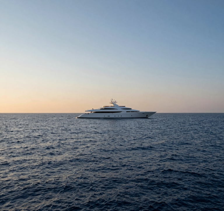 A luxury sailing yacht on the horizon of a calm, deep blue sea during the golden hour. The image emphasizes tranquility and elite travel. Global / Sophisticated Traveler mood.