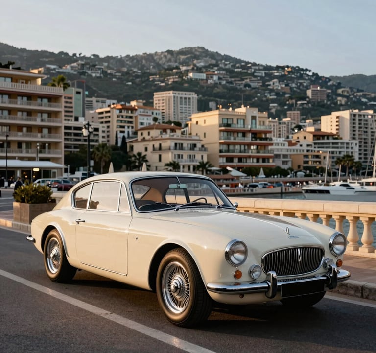 Professional photography of a luxury vintage car parked on a stone-paved street in Monaco during the golden hour. In the background, elegant Mediterranean architecture under a clear sky. Off-white and dark navy color tones. Global / Sophisticated Traveler vibe.