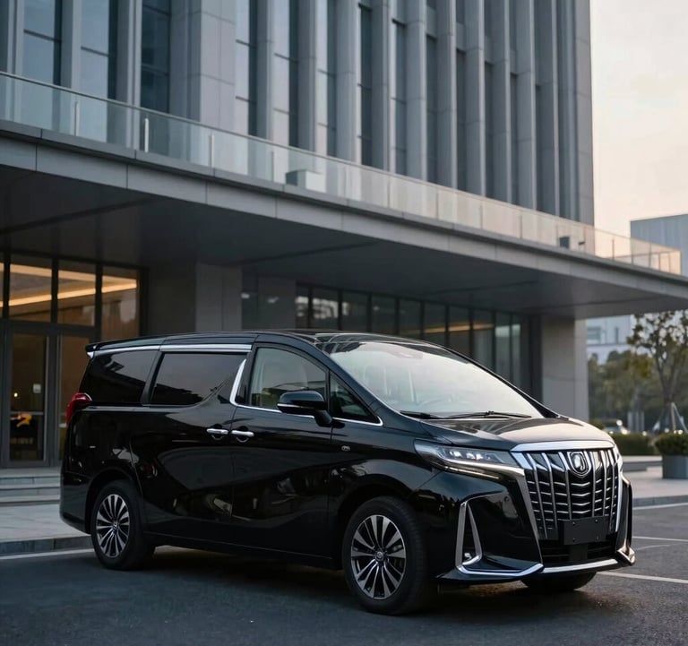 An elegant photo of a private chauffeur service waiting beside a sleek black vehicle in front of a modern architectural landmark. The lighting is early morning, with a palette of navy and cool grays. Global / Sophisticated Traveler aesthetic.