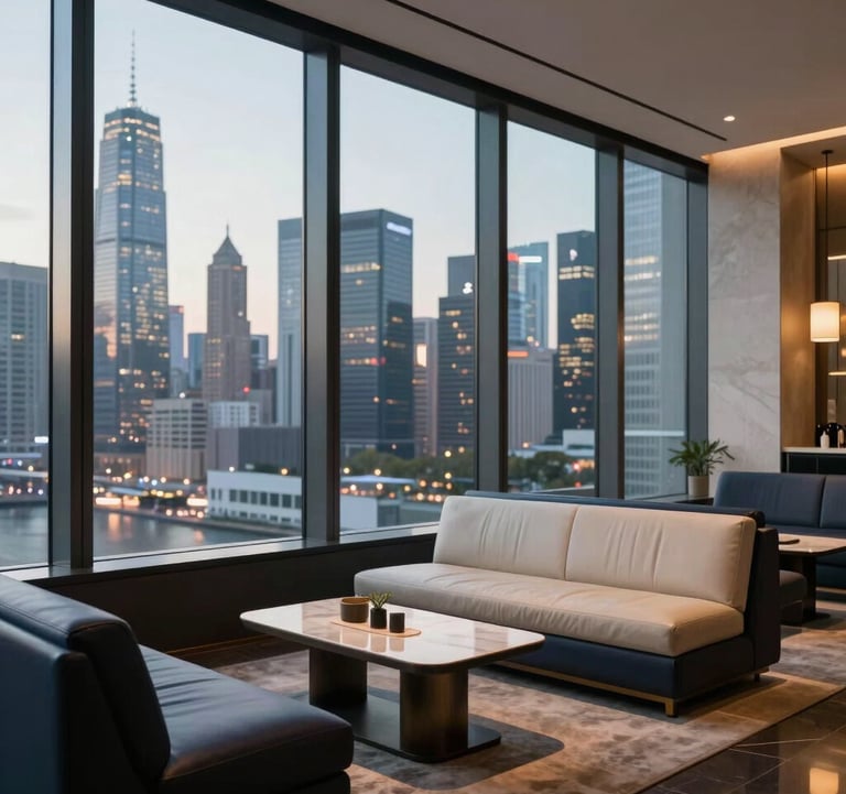High-end architectural photography of a modern luxury lounge with floor-to-ceiling windows. The interior features Off-White leather and Dark Navy accents. Outside, a blurred view of a world-class city skyline at night. Global / Sophisticated Traveler.