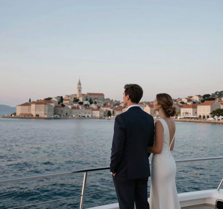A photography shot of an elegant couple standing on a yacht deck, looking out towards a historic coastal town at dawn. The colors are Muted Blue and soft Off-White. Professional and refined lifestyle imagery. Global / Sophisticated Traveler.