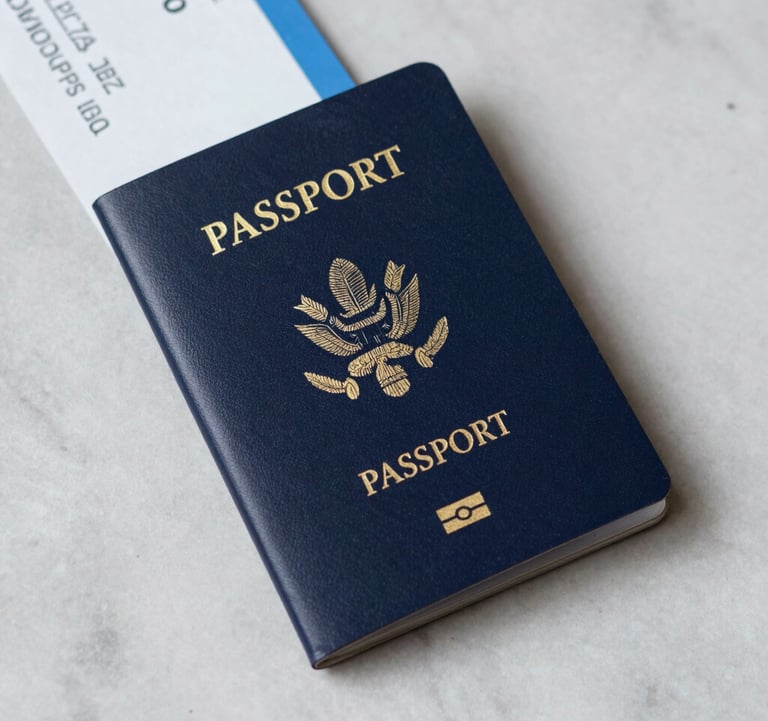 A high-quality image of an elegant passport cover in navy leather resting on a marble surface next to an airline ticket. The shot is overhead and minimalist, representing immigration and travel.