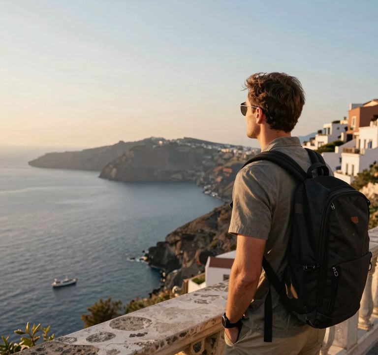 A wide-angle shot of a Global / Sophisticated Traveler looking out from a stone balcony over the light sky blue waters of a coastal Mediterranean village at sunset. Professional photography, warm golden light.