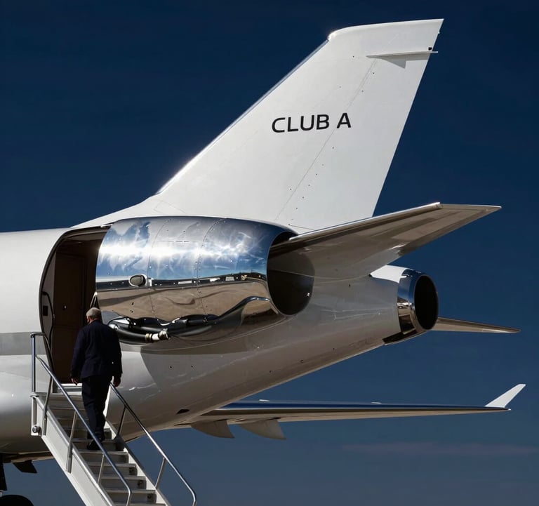 A close-up shot of a polished silver luxury jet tail against a clear dark navy blue sky, with a Global / Sophisticated Traveler walking towards the stairs. High-contrast professional photography.