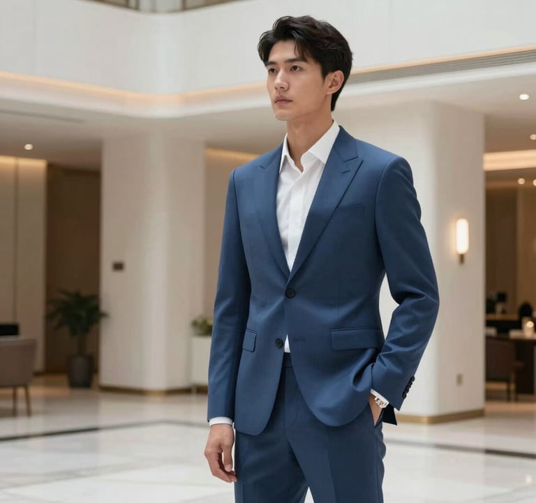 A medium shot of a Global / Sophisticated Traveler in a tailored steel blue suit standing in a sleek, modern luxury hotel lobby with minimalist pearl white decor and soft architectural lighting.