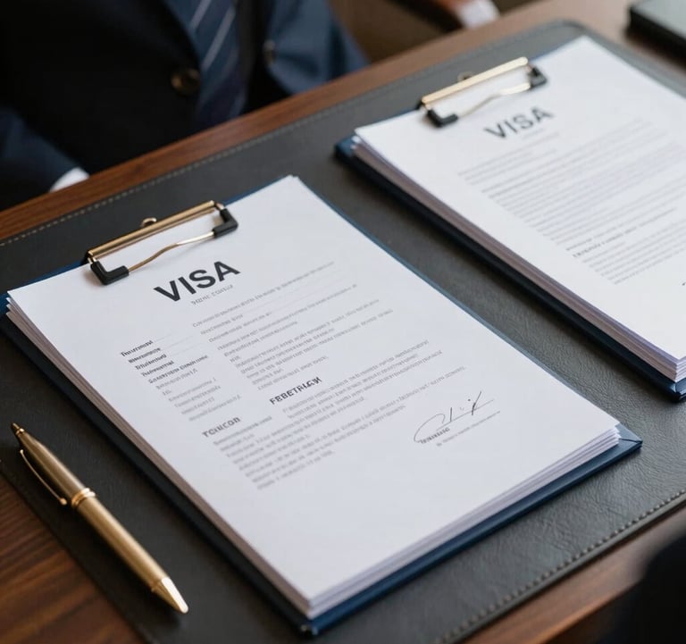 A close-up photograph of a professional visa concierge service, featuring a high-end leather desk mat, a gold pen, and a stack of crisp documents in a muted blue folder. The lighting is soft and focused, emphasizing trustworthiness and luxury. Global / Sophisticated Traveler context.