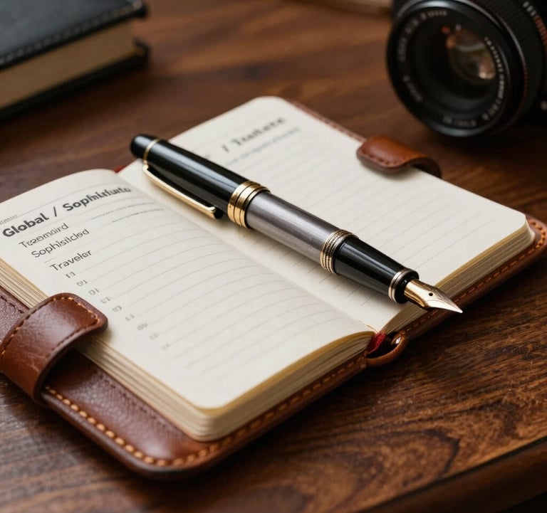 A close-up photograph of a vintage fountain pen and a leather-bound travel itinerary on a polished mahogany desk. The lighting is soft and professional, capturing a mood of trust and expertise. Global / Sophisticated Traveler.