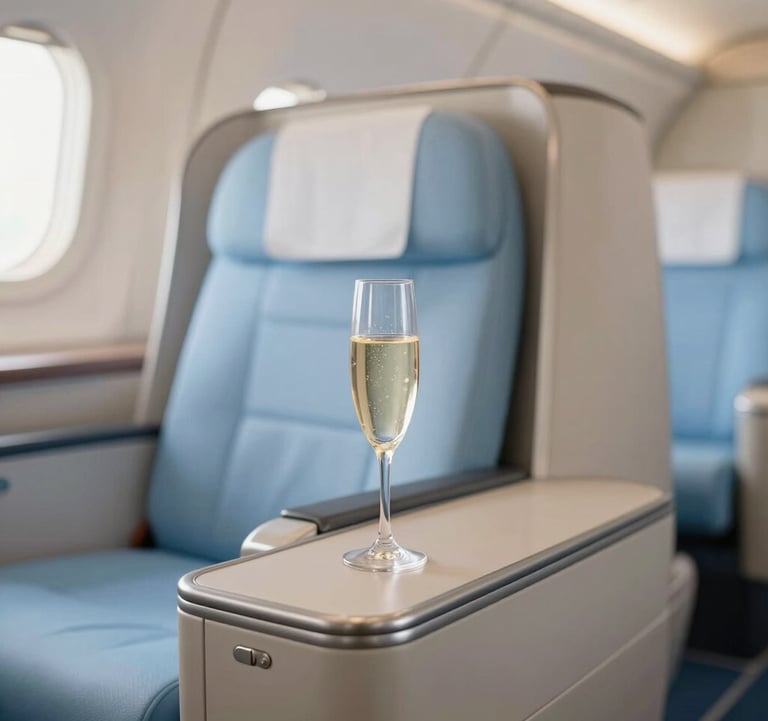 A lifestyle photograph of a first-class cabin interior, showcasing premium materials and a glass of champagne on a side table. The colors are soft off-white and sky blue. Global / Sophisticated Traveler setting.