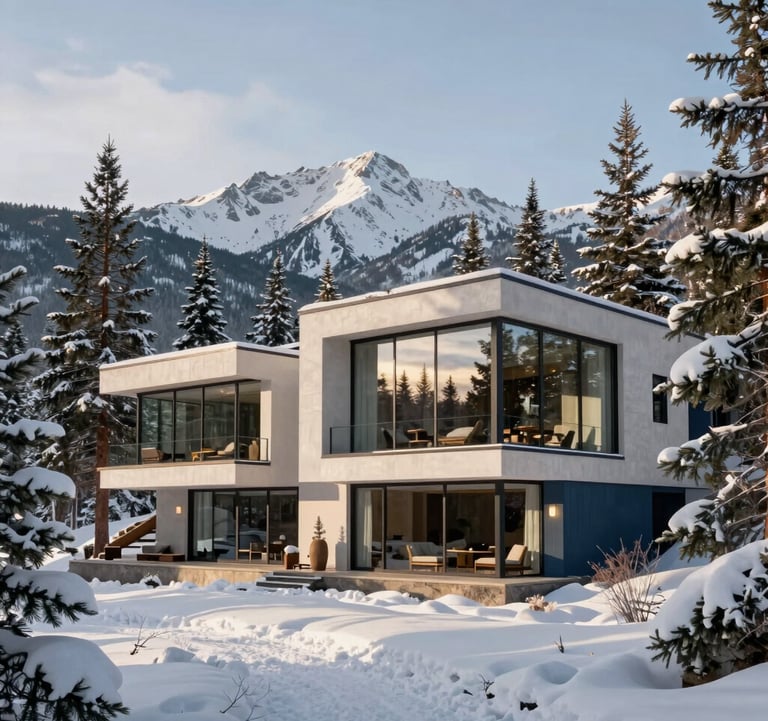 A wide-angle shot of an exclusive modern mountain retreat in Aspen, surrounded by snow-dusted pines. The architecture features large glass panels reflecting the crisp morning sun. Luxury aesthetic with off-white and slate blue details. Global / Sophisticated Traveler vibe.