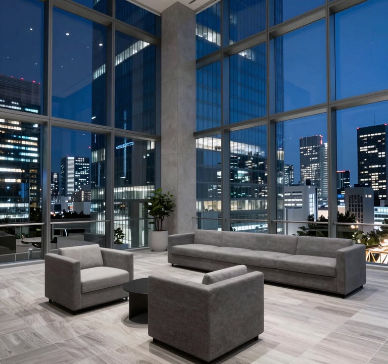 A sleek, contemporary glass skyscraper interior in Tokyo at night, showing a high-end lounge area with minimalist furniture. Panoramic views of the city lights outside. Slate blue and light blue ambient lighting. Global / Sophisticated Traveler vibe.