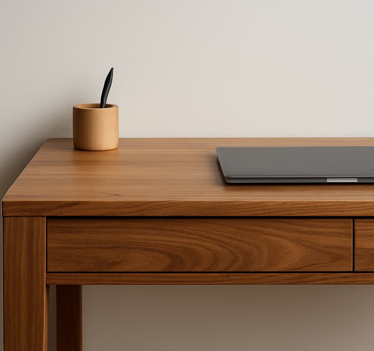 A close-up photograph of a minimalist home office desk set against a clean off-white wall. The composition highlights the smooth wood grain and the precision of the joinery, reflecting the sophisticated craftsmanship of a South Asian furniture manufacturer.