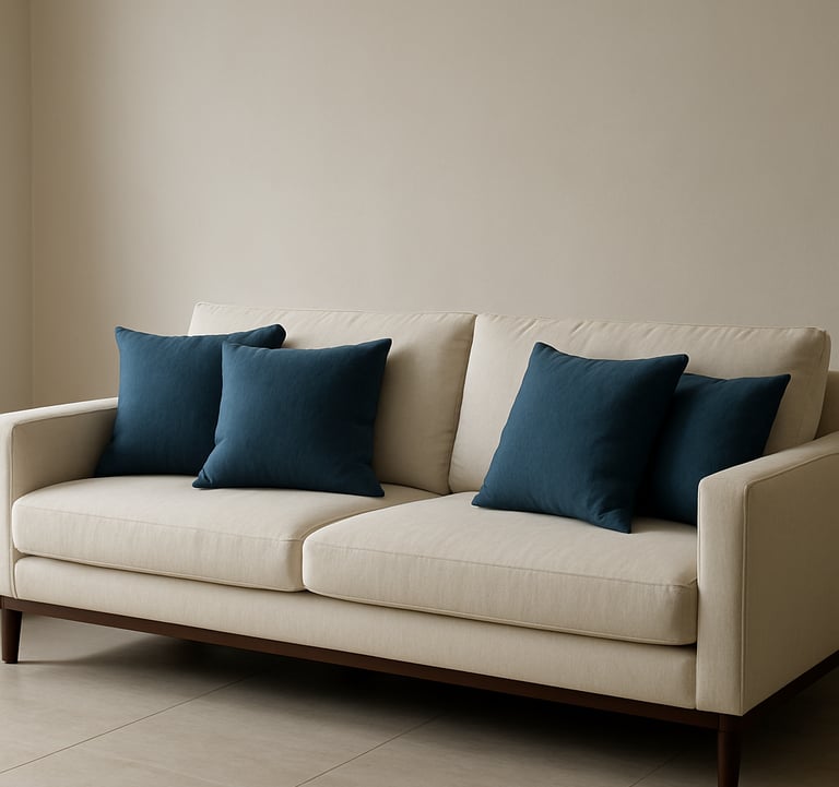A minimalist home sofa in off-white fabric with steel blue cushions, set against a clean wall in a modern South Asian living room with soft natural lighting.